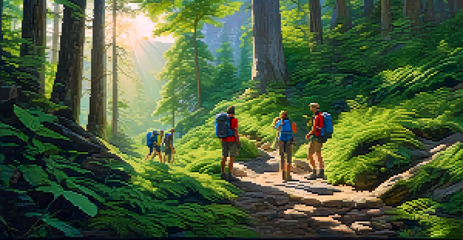 Diverse climbers preparing for a hike on a winding mountain trail surrounded by lush green forest and dappled sunlight.