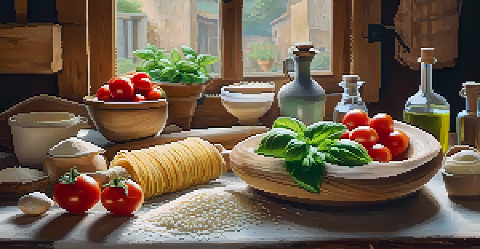 An Italian kitchen with a table set for a pasta-making class, featuring flour, fresh ingredients, and warm lighting.