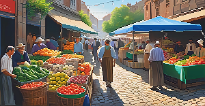 A lively local market filled with colorful stalls of fresh produce and people interacting.