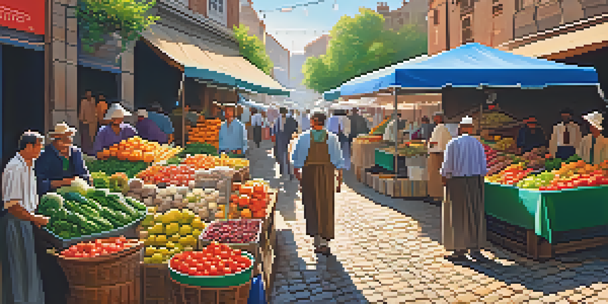 A lively local market filled with colorful stalls of fresh produce and people interacting.