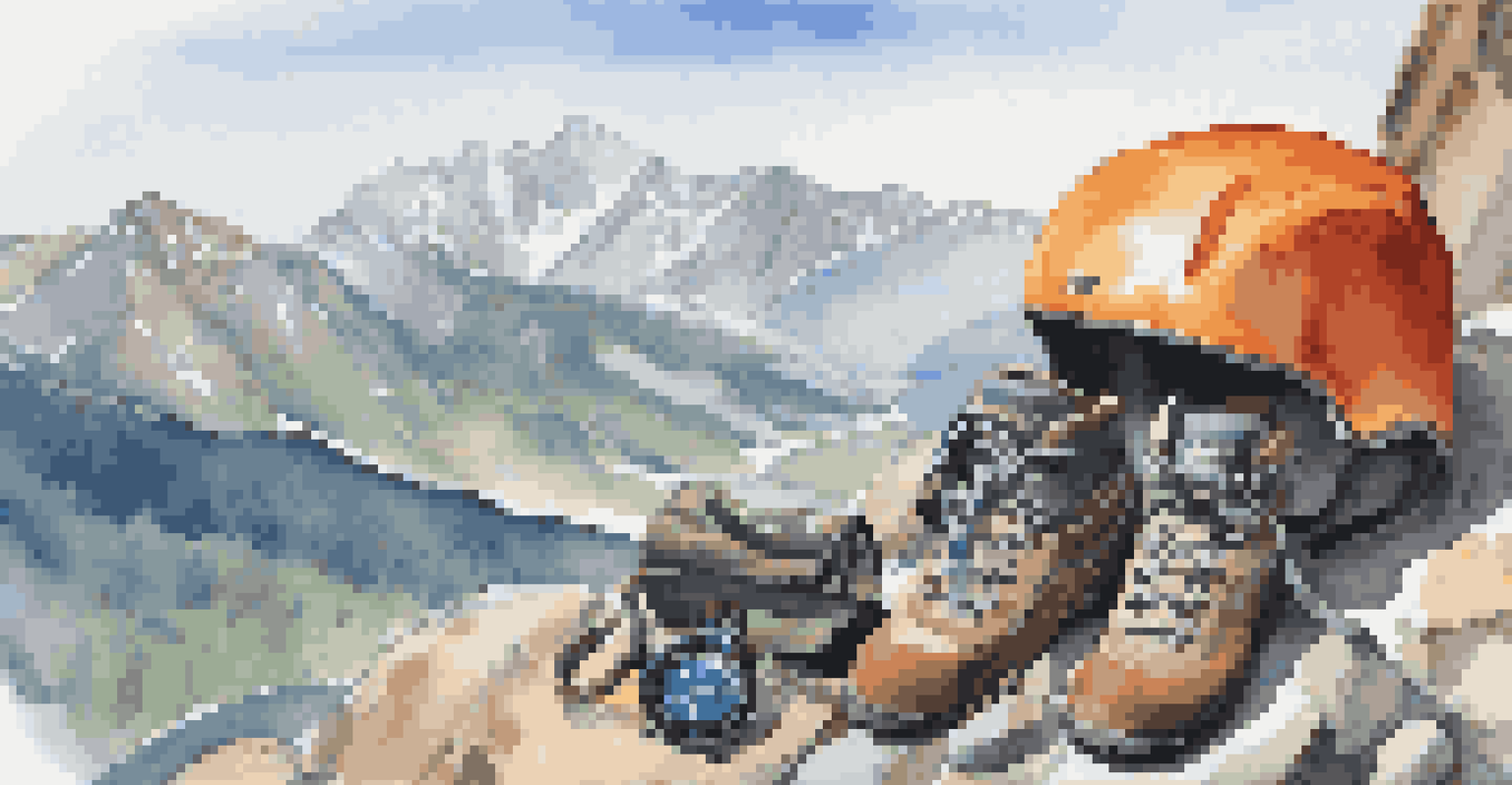 Close-up of BASE jumping gear including a parachute and helmet, with mountains in the background, highlighting safety equipment.