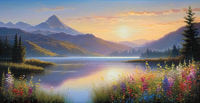 A tranquil lake at sunrise, with mountains in the background and wildflowers in the foreground, surrounded by soft mist.