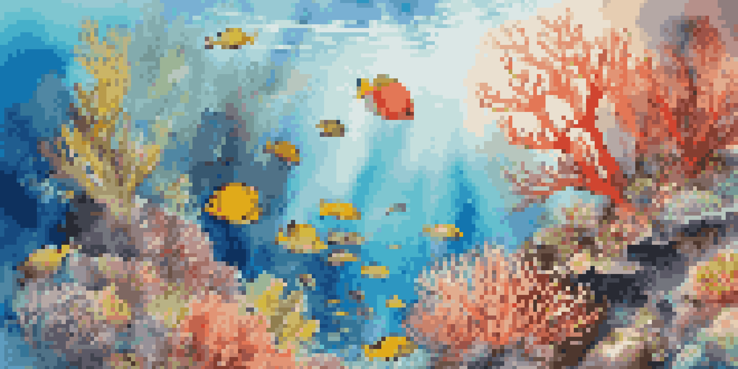 A colorful coral reef with various fish swimming around and sunlight shining through the water.