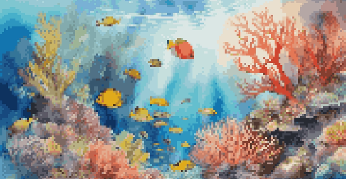 A colorful coral reef with various fish swimming around and sunlight shining through the water.