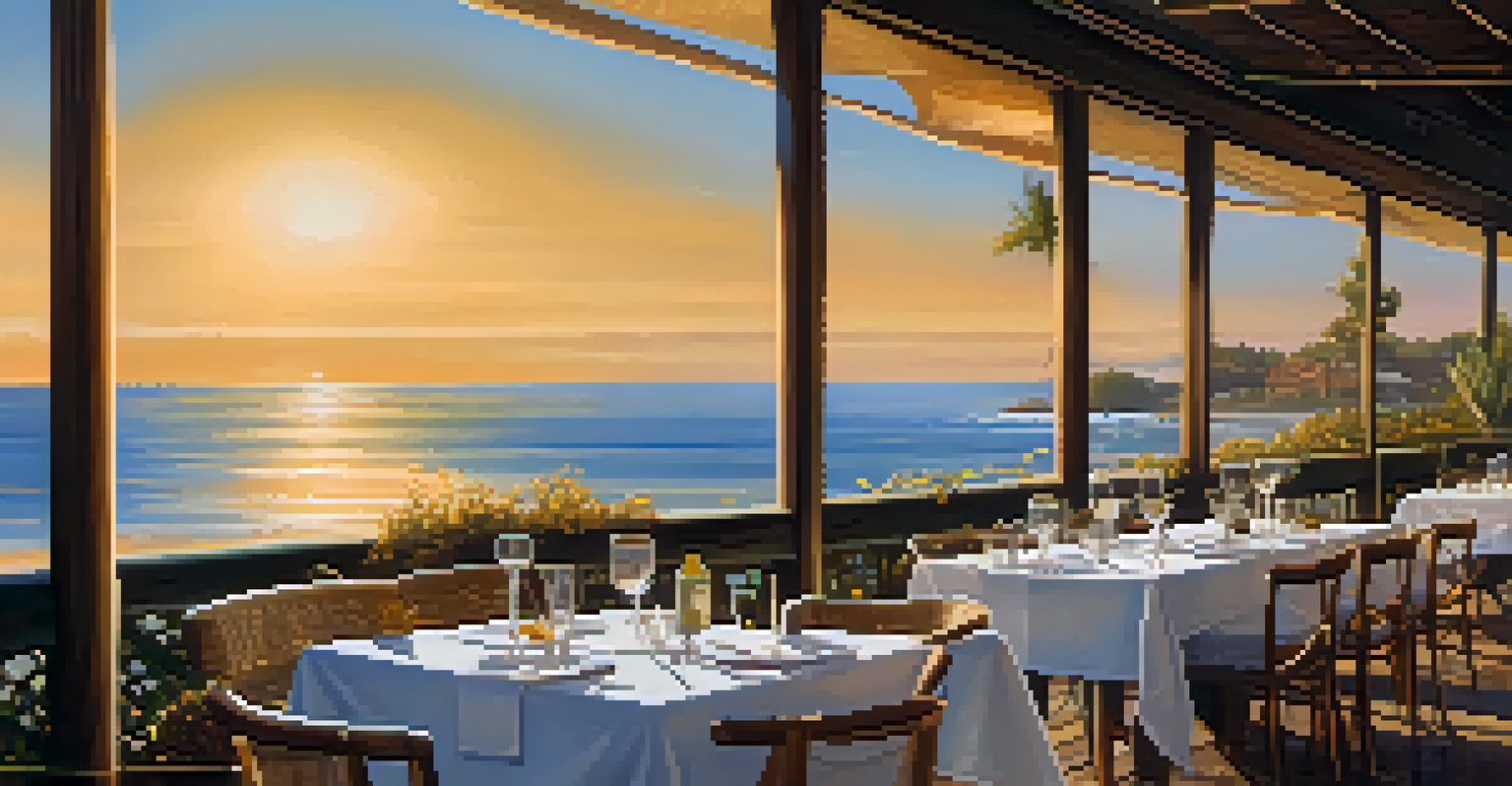 An outdoor dining setup at a seaside restaurant with seafood dishes and a sunset view, creating a tranquil atmosphere.