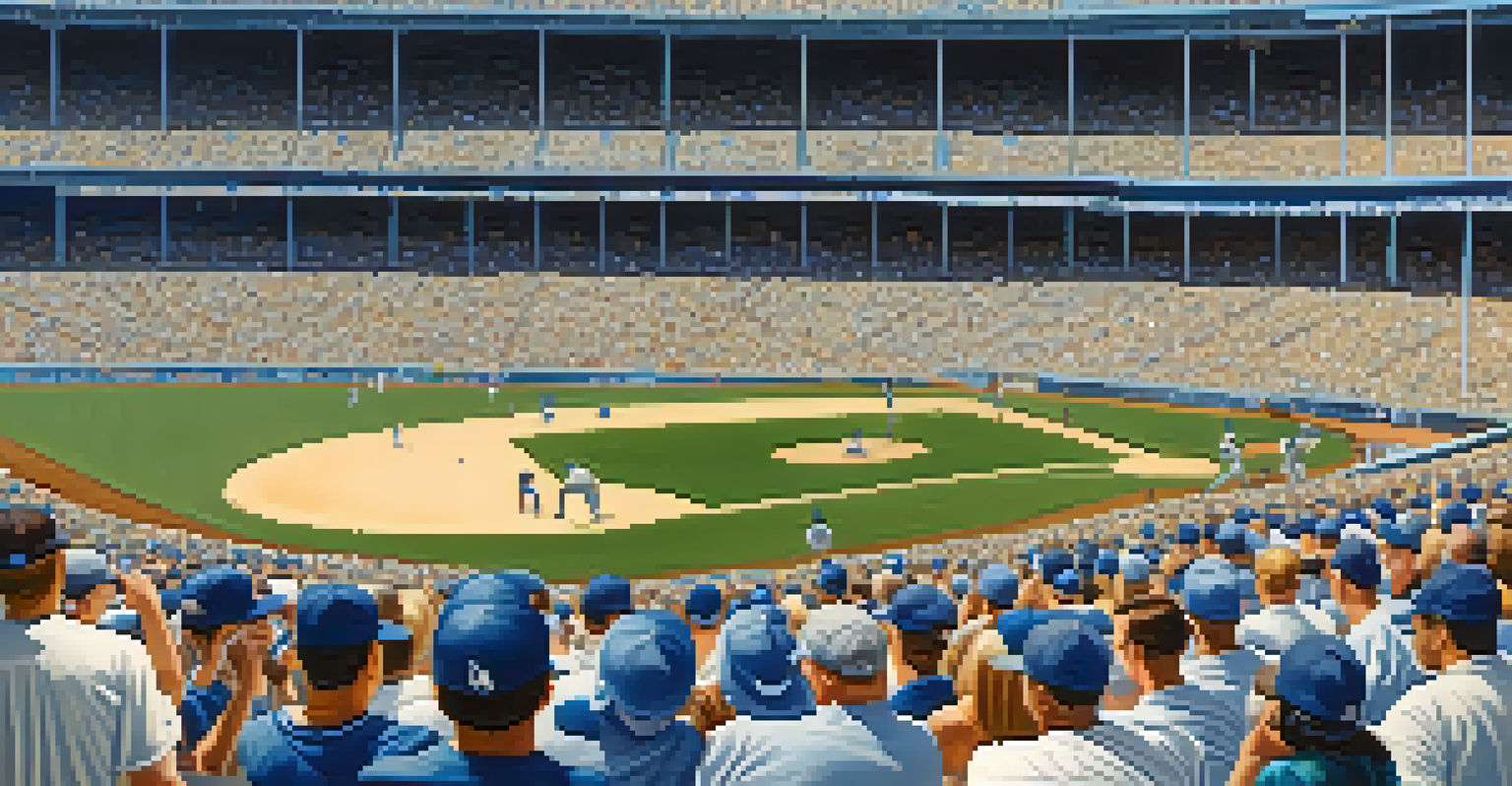 A lively scene at Dodger Stadium with a packed crowd enjoying a baseball game on a sunny day.