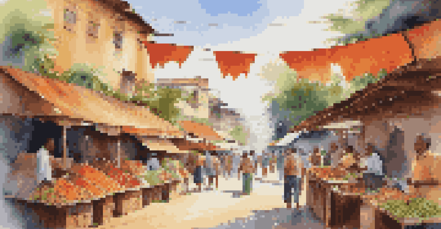 A lively tropical market street with colorful stalls selling fruits and crafts, under warm sunlight.