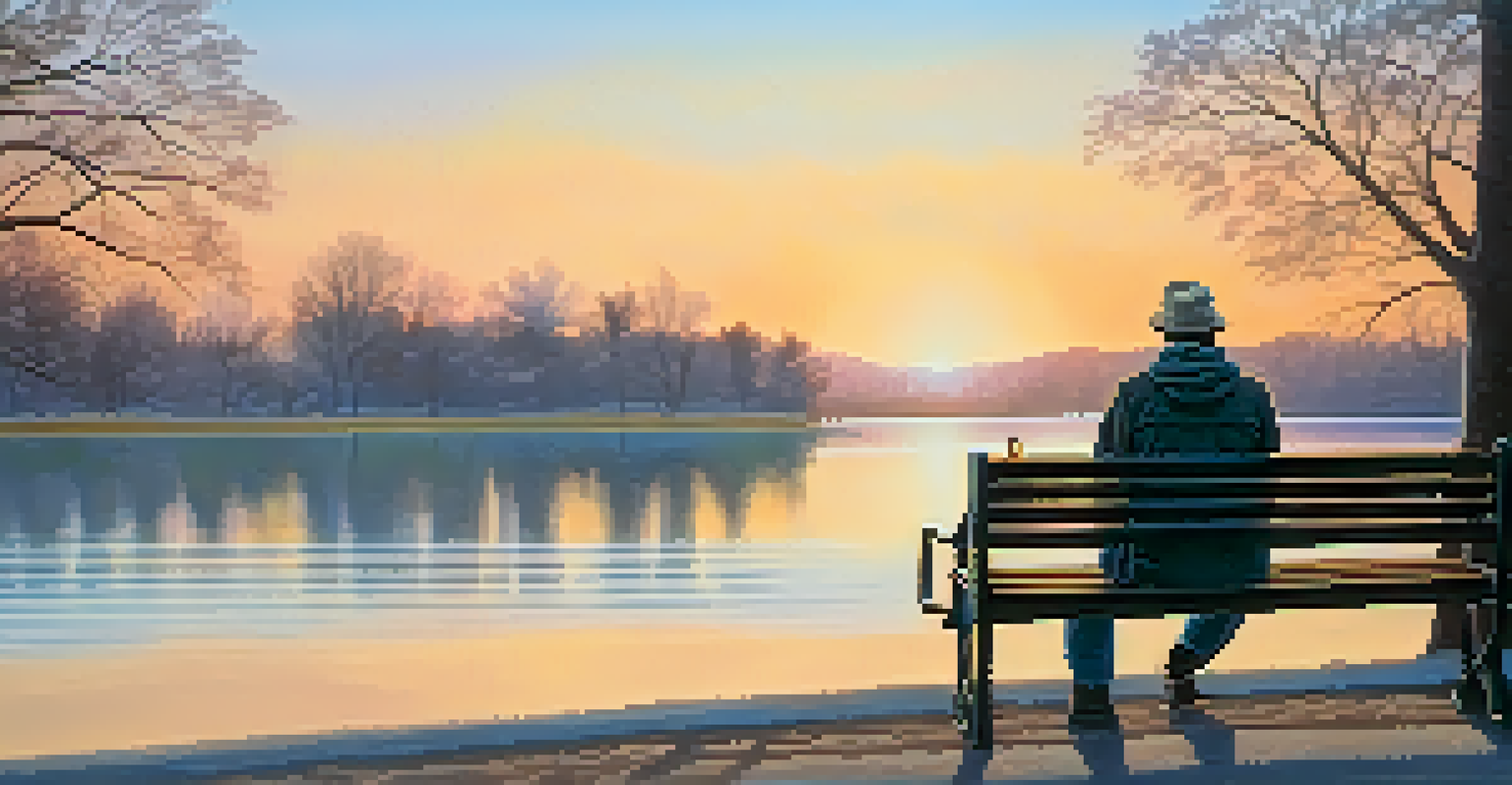 A traveler sits on a bench by a lake, sipping coffee and watching a beautiful sunset.
