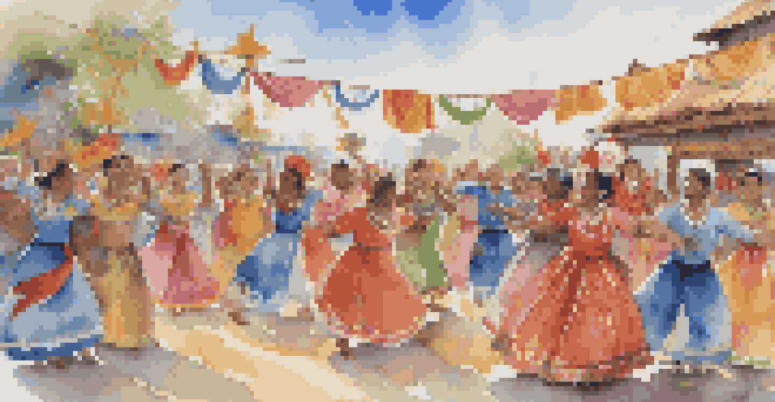 Participants from different cultures dancing joyfully at an outdoor festival, wearing colorful traditional costumes.
