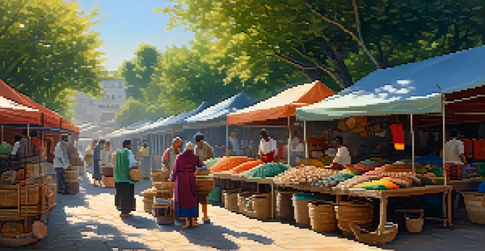 A bustling local market with artisans displaying colorful handmade crafts and interacting with customers under sunlight filtering through trees.