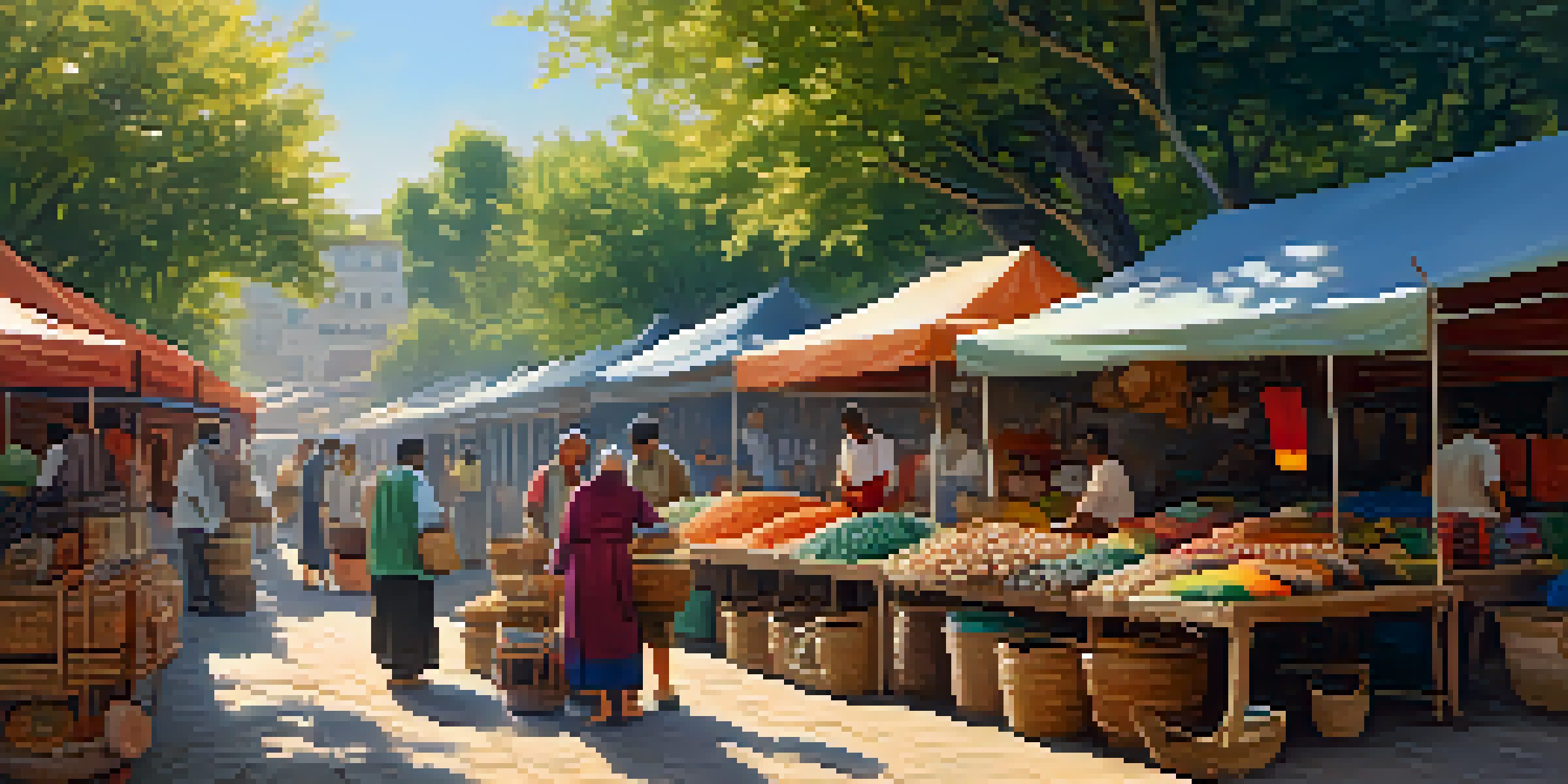 A bustling local market with artisans displaying colorful handmade crafts and interacting with customers under sunlight filtering through trees.