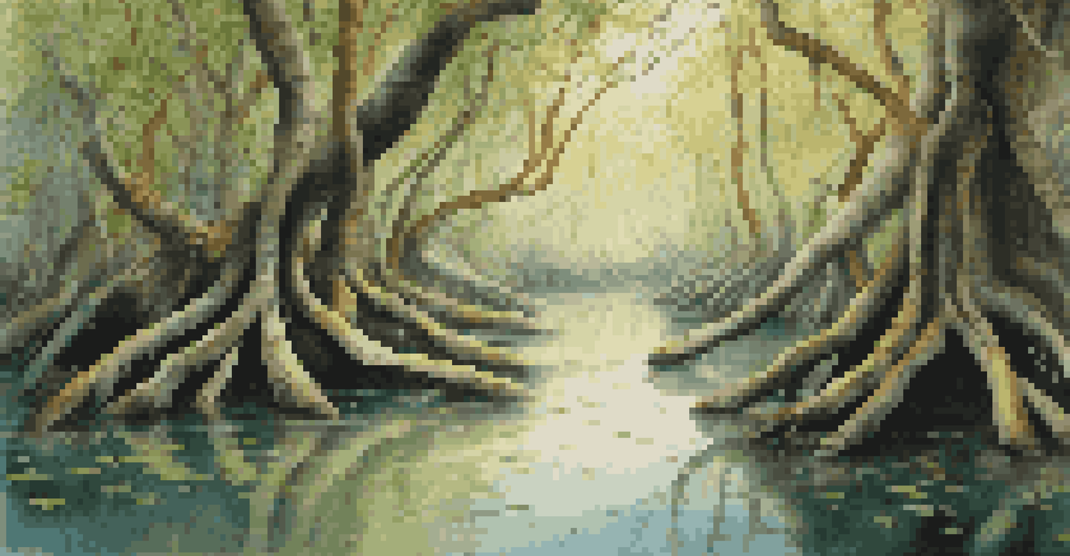 A close-up view of mangrove forests in the Sundarbans with a Bengal tiger in the background.