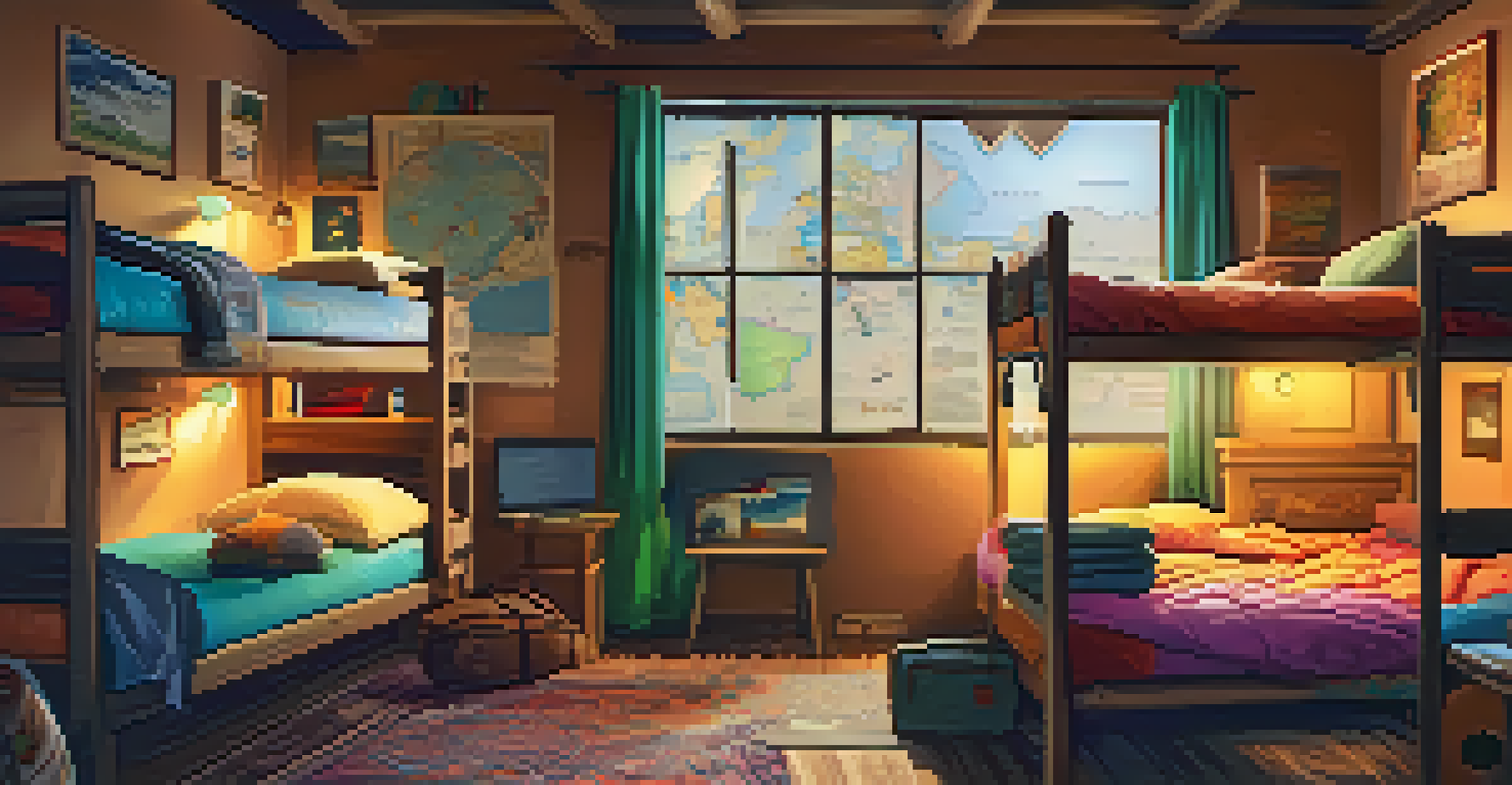 A cozy hostel room with diverse travelers sharing experiences and a world map on the wall.
