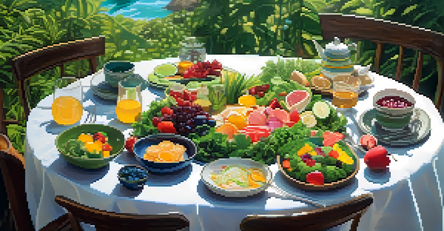 A colorful plant-based spa meal with salads and fruits displayed on a wooden table surrounded by greenery and soft sunlight.