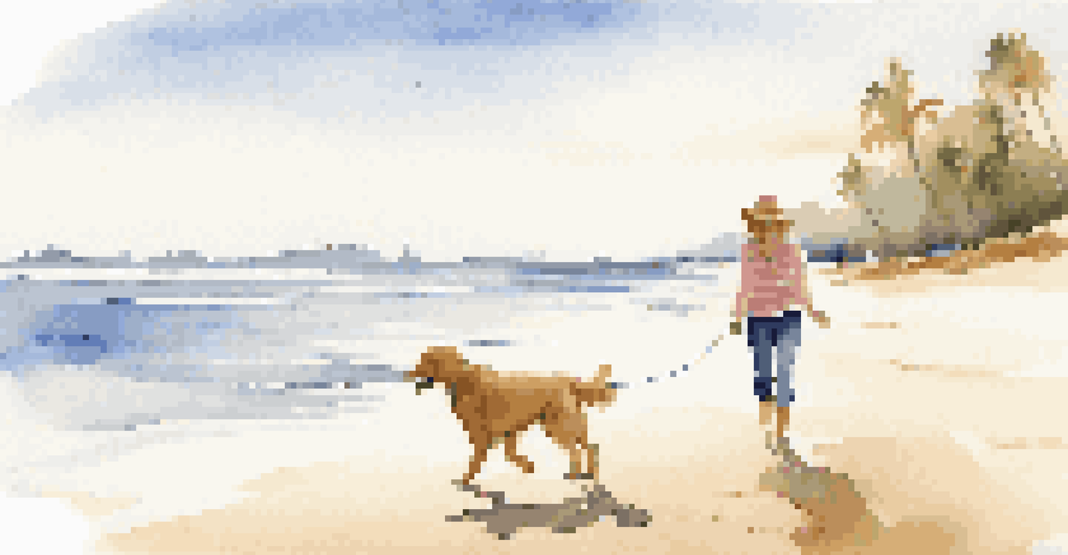A pet owner walking a dog on the beach with sand and waves in the background, highlighting a joyful travel experience.