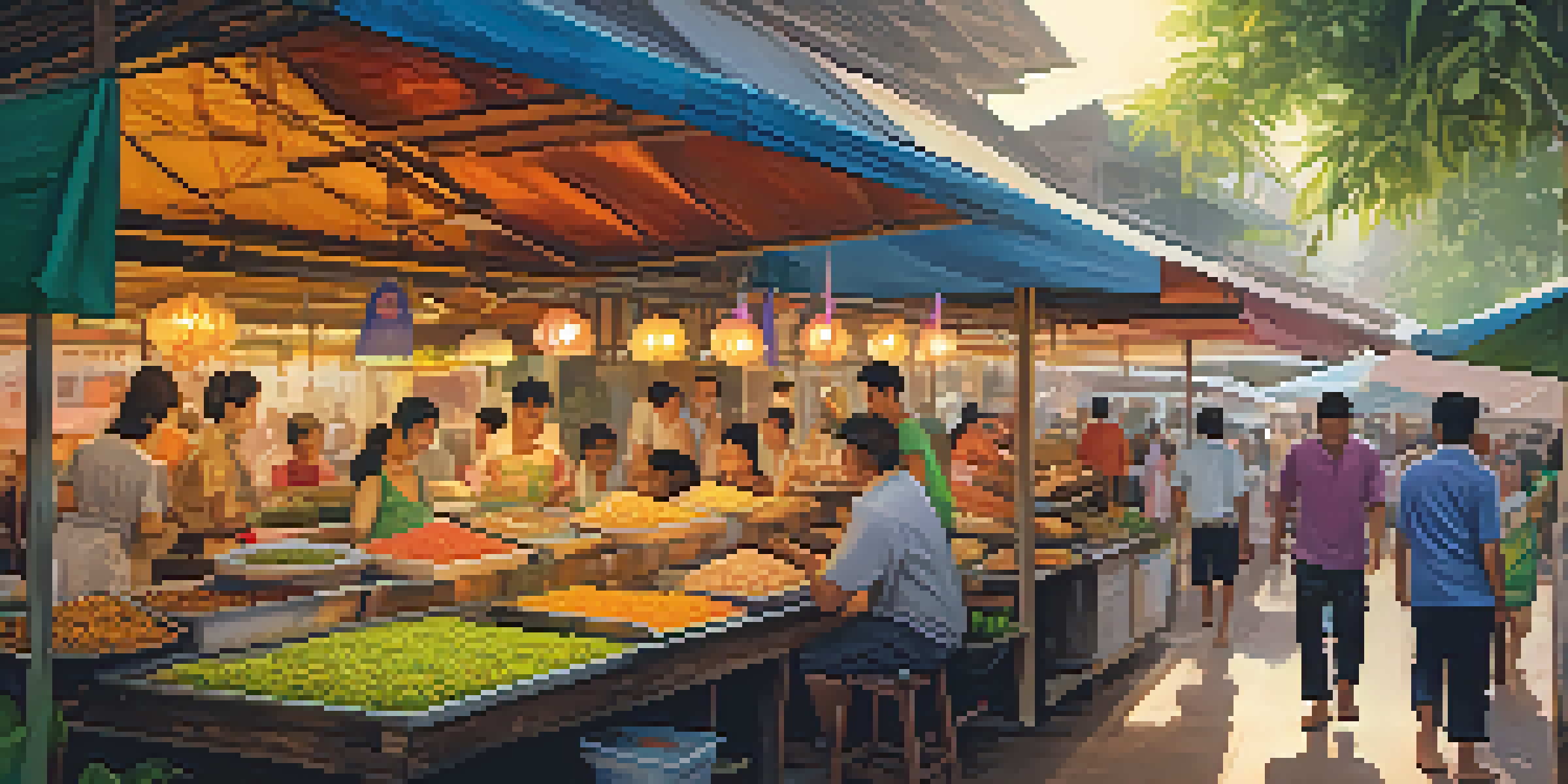 A lively street food market in Bangkok with colorful stalls and a variety of dishes being served to customers.