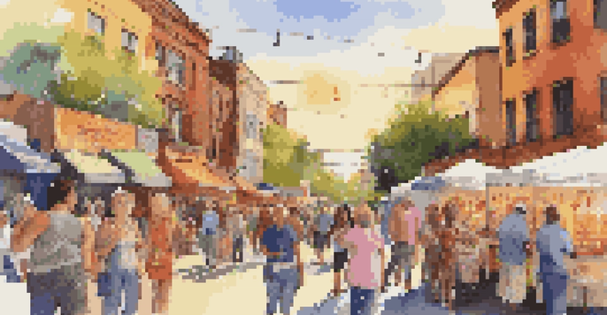 A lively street scene during an art walk with local artists displaying their works, people conversing, and food vendors in the background.