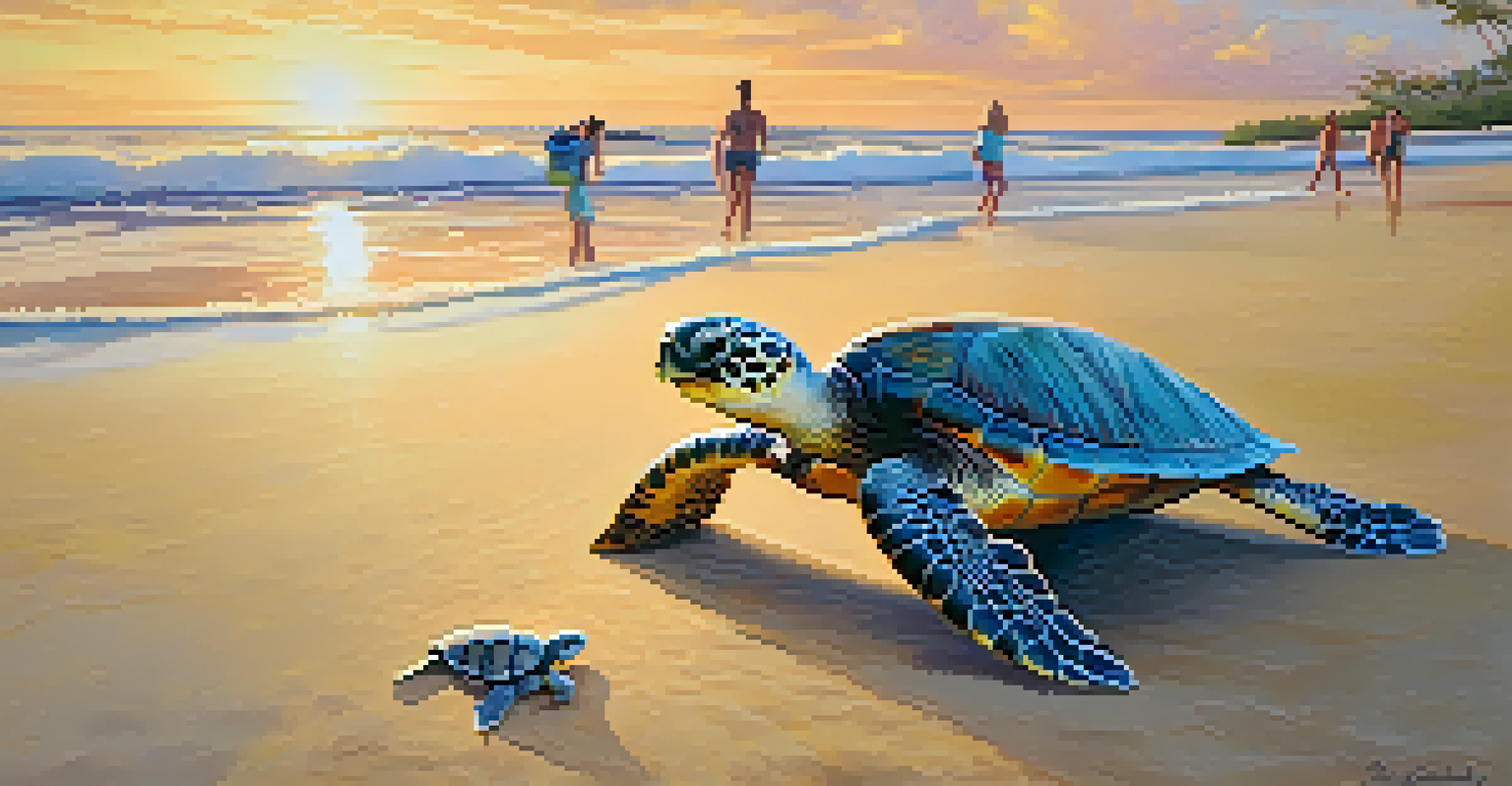 A baby sea turtle heading towards the ocean with a conservationist watching in the background during sunset.