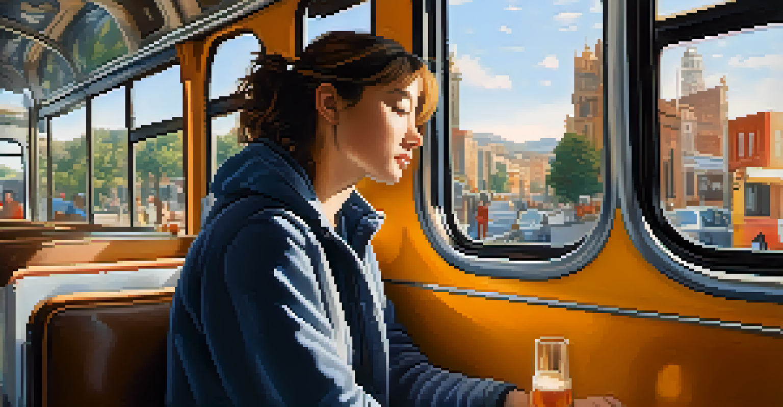 A solo traveler on a bus, looking out at a picturesque cityscape with sunlight filtering through the windows.