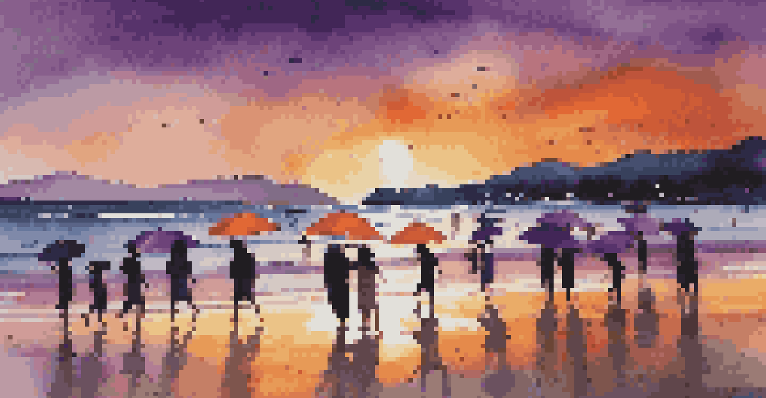 A lively beach scene at sunset with silhouetted figures and colorful umbrellas under a vibrant sky.