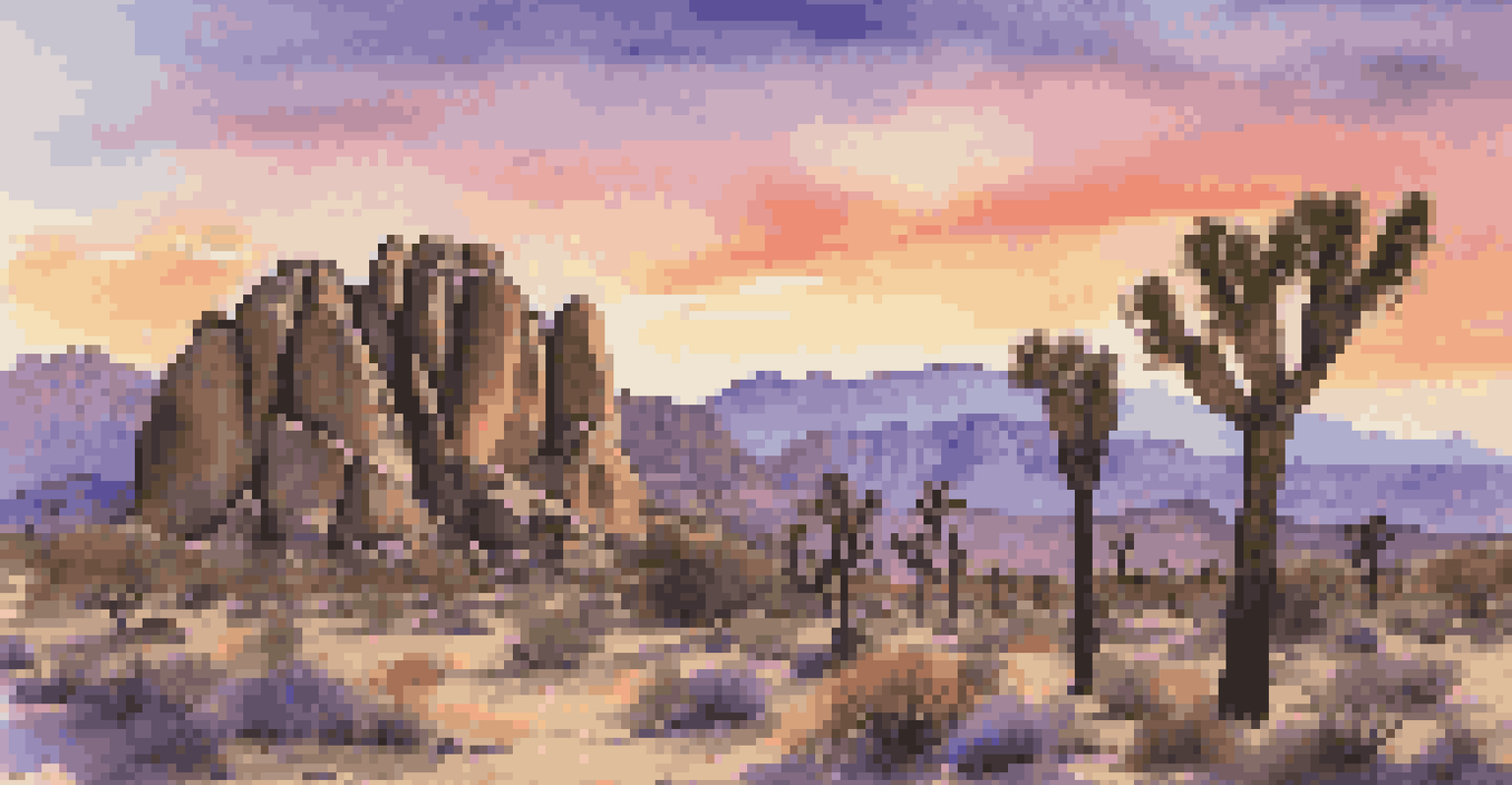 Silhouetted Joshua trees and rock formations against a vibrant sunset sky in Joshua Tree National Park.