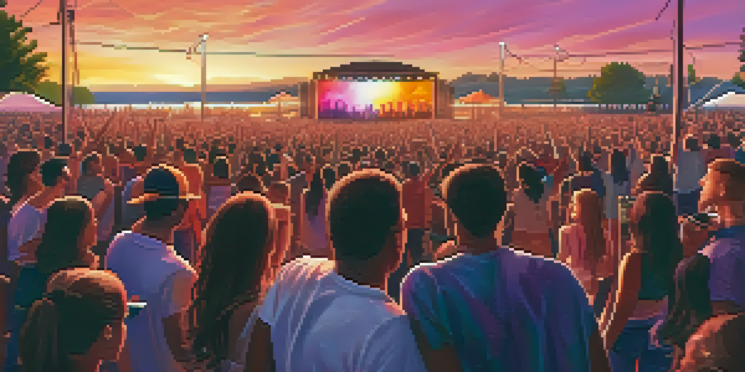 A lively outdoor concert at sunset with colorful lights and a diverse crowd of fans enjoying the music.