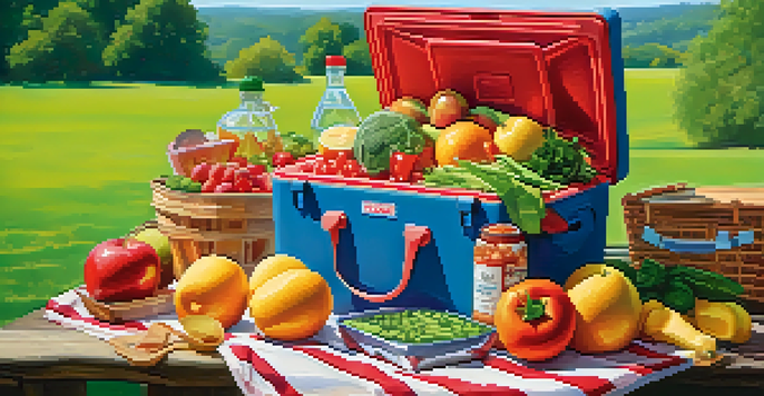 A cooler filled with fresh fruits, vegetables, and meats, set in a sunny outdoor environment with a picnic blanket and greenery in the background.