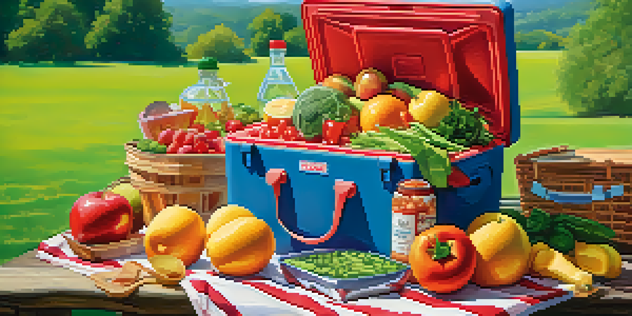 A cooler filled with fresh fruits, vegetables, and meats, set in a sunny outdoor environment with a picnic blanket and greenery in the background.