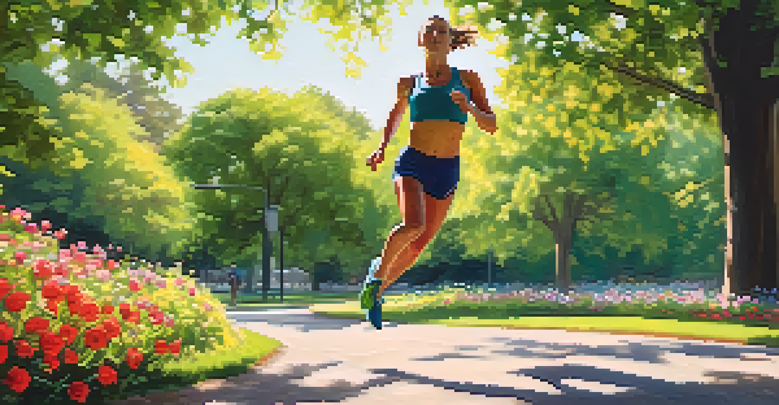A person doing high-intensity interval training in a park, jumping with trees and flowers in the background.