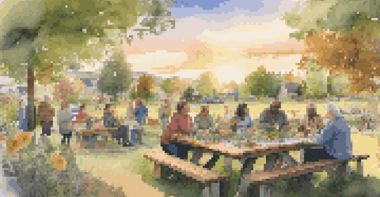 Local residents and travelers collaborating on a citizen science project in a community garden, discussing over a map at sunset.
