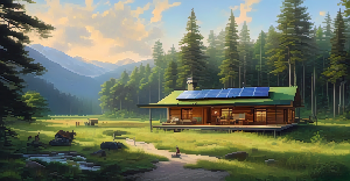 A peaceful eco-lodge surrounded by trees, with travelers engaging with local artisans in the foreground, illuminated by soft morning light.