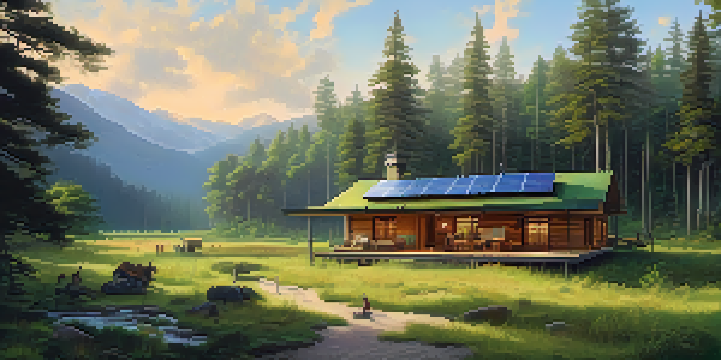 A peaceful eco-lodge surrounded by trees, with travelers engaging with local artisans in the foreground, illuminated by soft morning light.