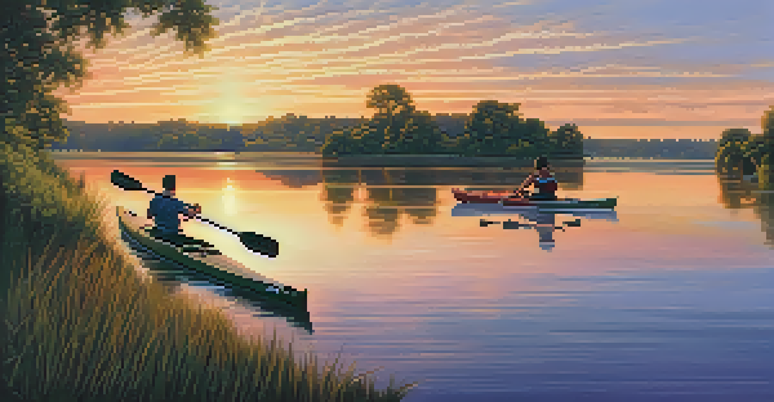 A kayaker paddling on the Mississippi River at sunset, with charming towns and lush wetlands in the background.