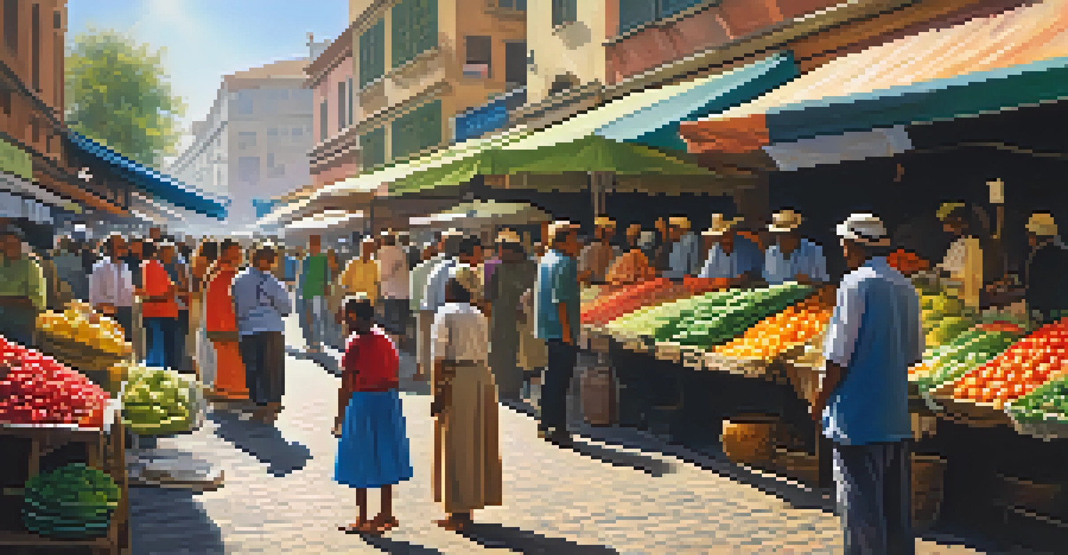 A bustling market filled with colorful stalls and diverse people, with sunlight filtering through awnings and a street performer in the foreground.