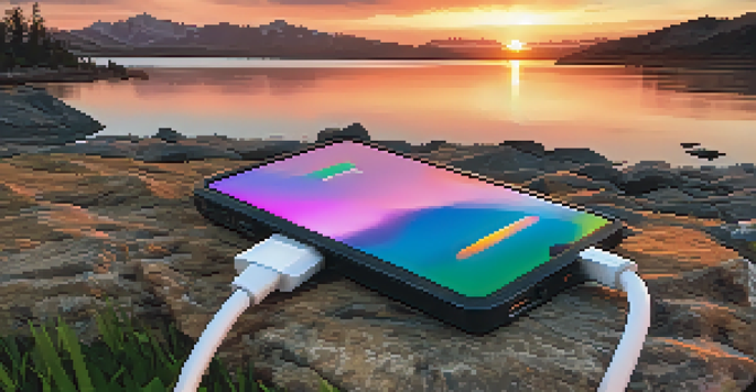 A portable phone charger on a rocky surface with a sunset backdrop, showing a smartphone plugged into it.