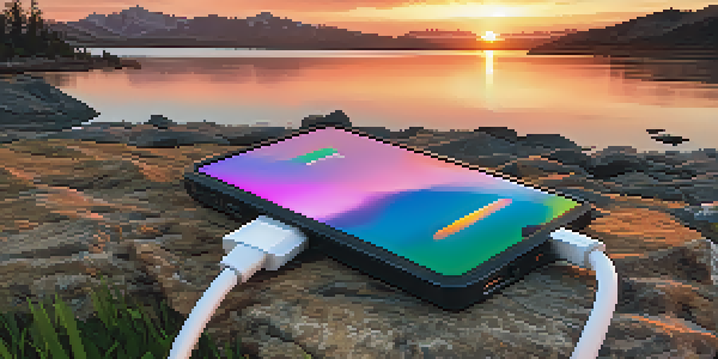 A portable phone charger on a rocky surface with a sunset backdrop, showing a smartphone plugged into it.