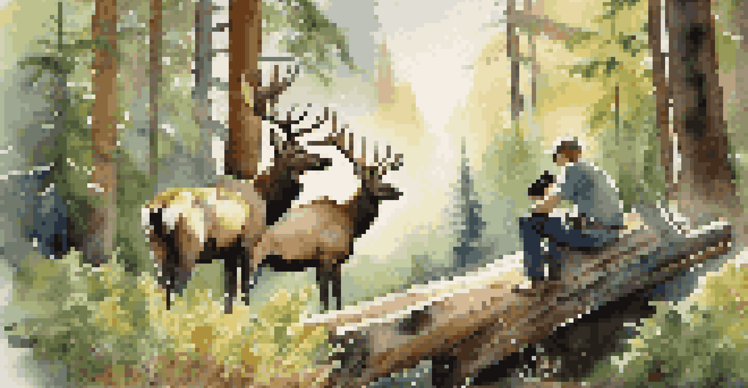 A wildlife watching setup with binoculars and an elk in a lush national forest.