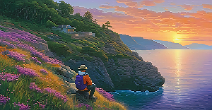 A traveler sitting on a rocky cliff during sunset, overlooking the ocean, with colorful skies and wildflowers in the foreground.