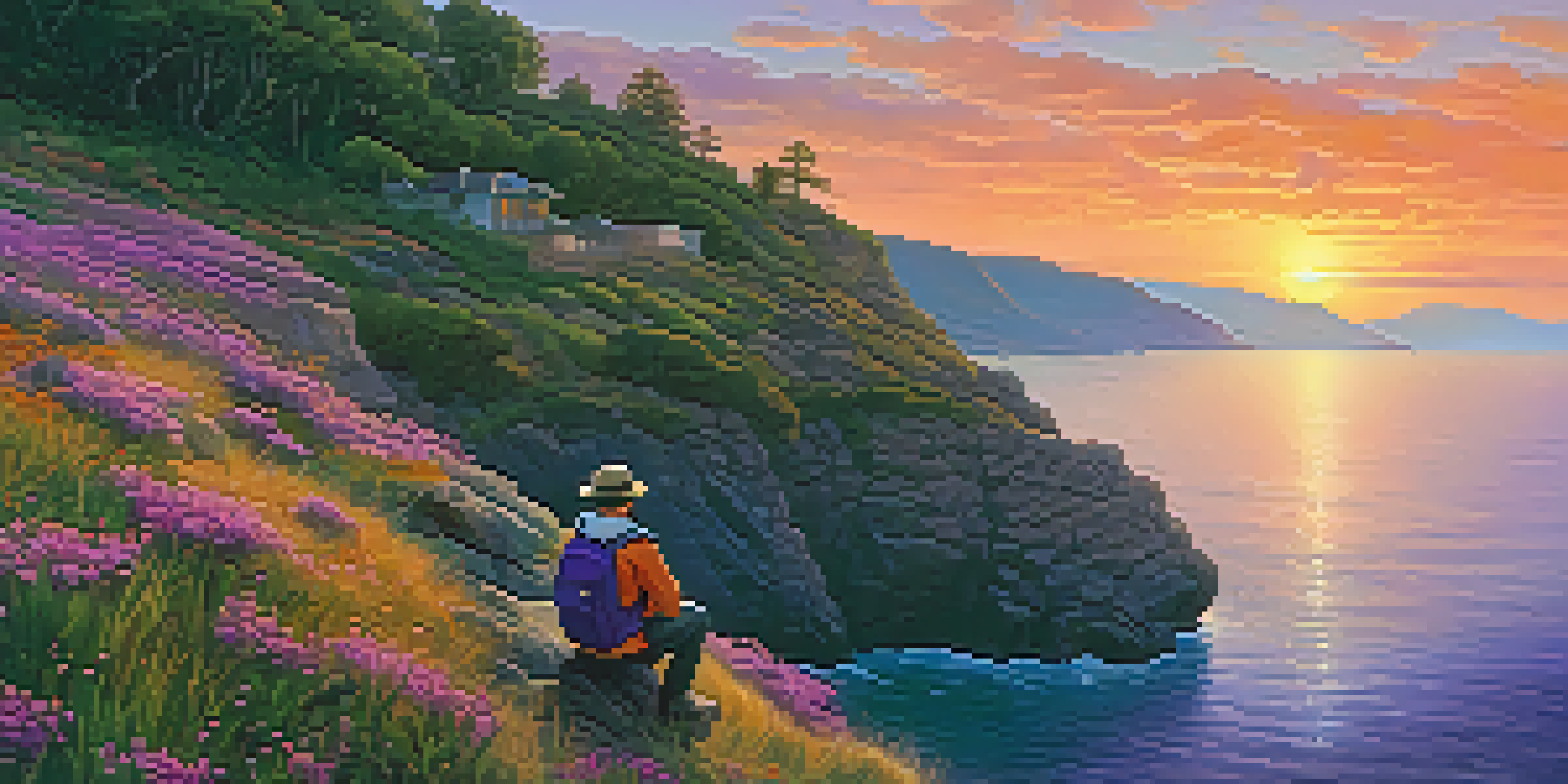 A traveler sitting on a rocky cliff during sunset, overlooking the ocean, with colorful skies and wildflowers in the foreground.