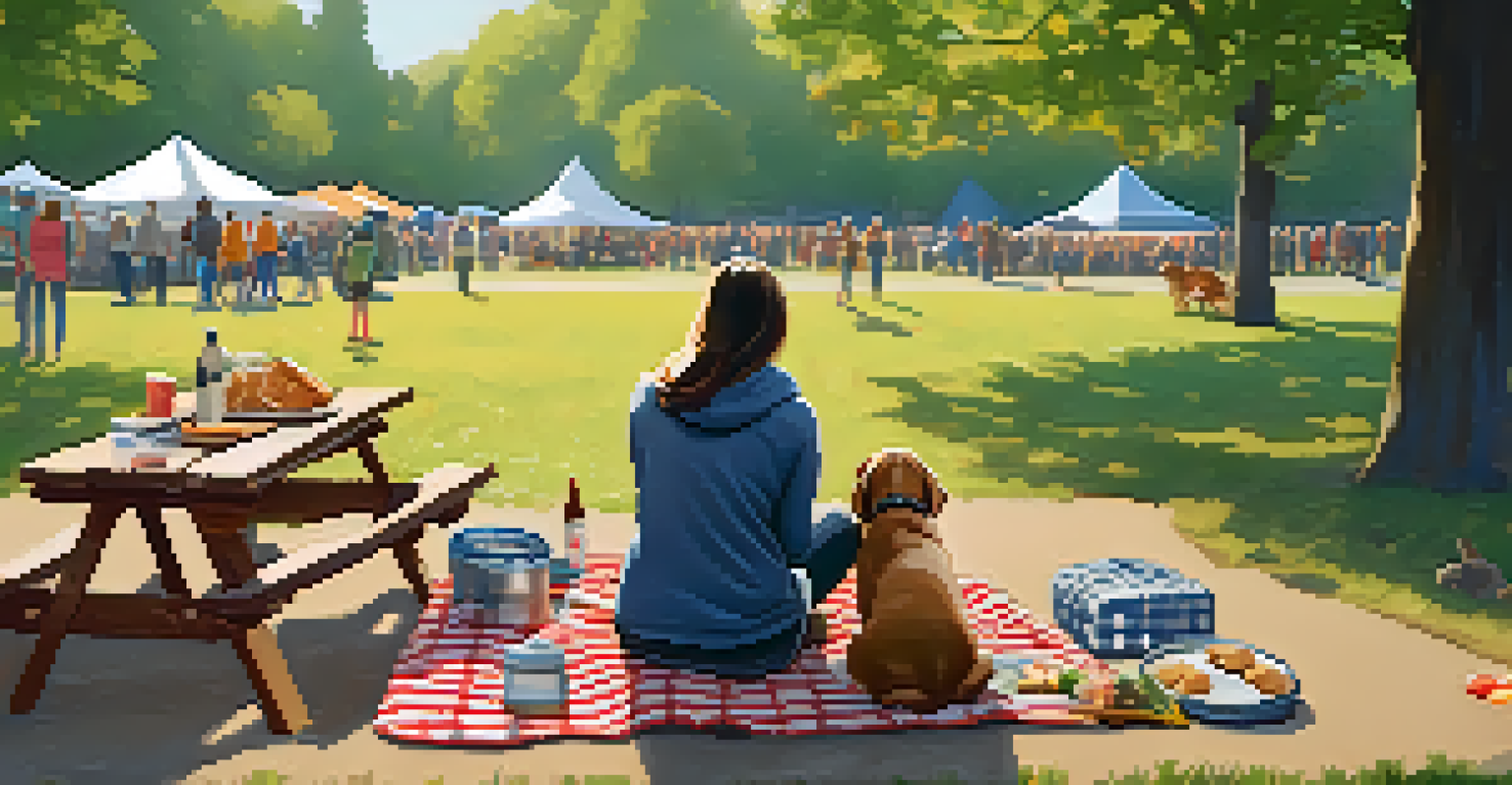 A picnic scene at a festival with a dog looking at treats, surrounded by festival-goers enjoying the day.