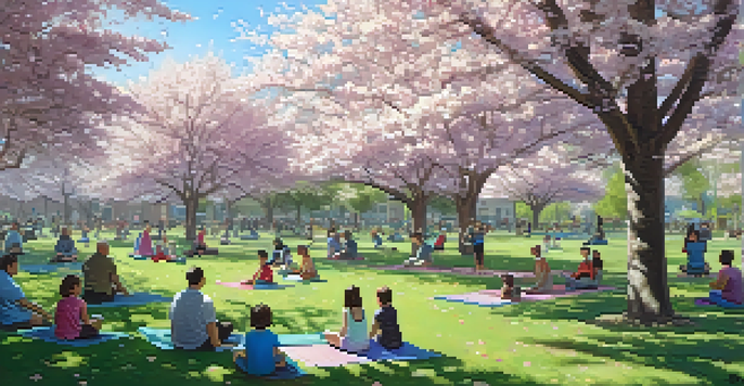 A lively community park with families picnicking, children playing, and a yoga class under cherry blossom trees.