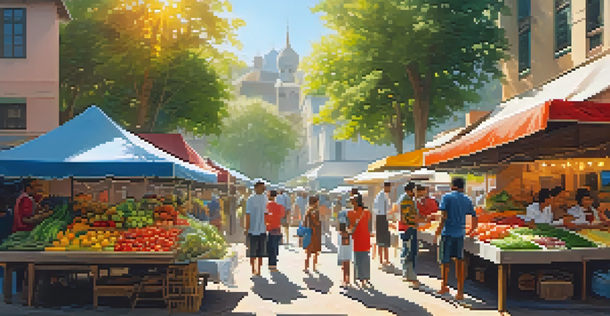 A lively street market with colorful stalls and people enjoying fresh food under sunlight.