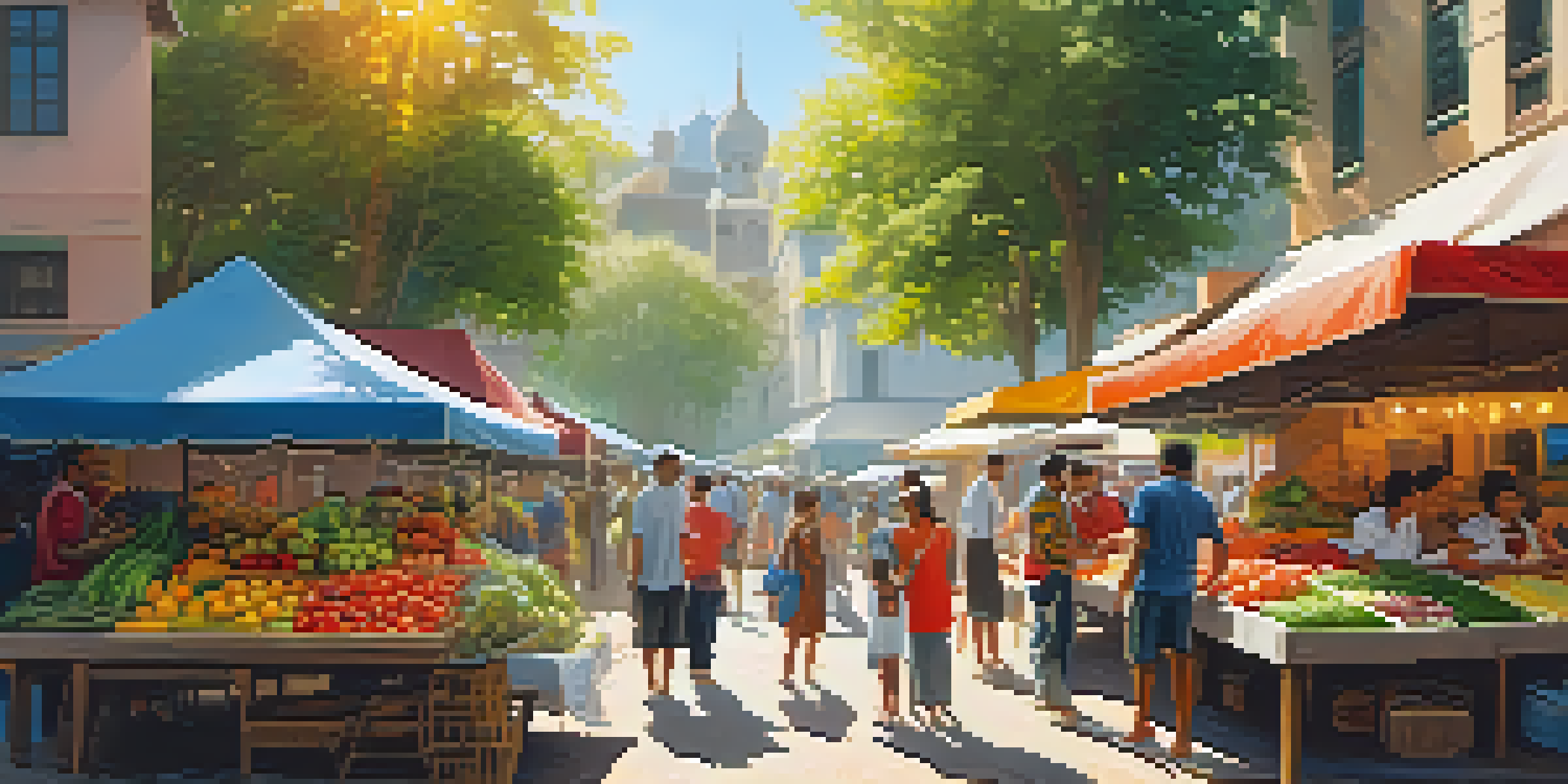 A lively street market with colorful stalls and people enjoying fresh food under sunlight.