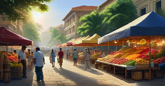 A bustling tropical street market with colorful stalls of fruits and crafts, under warm sunlight.