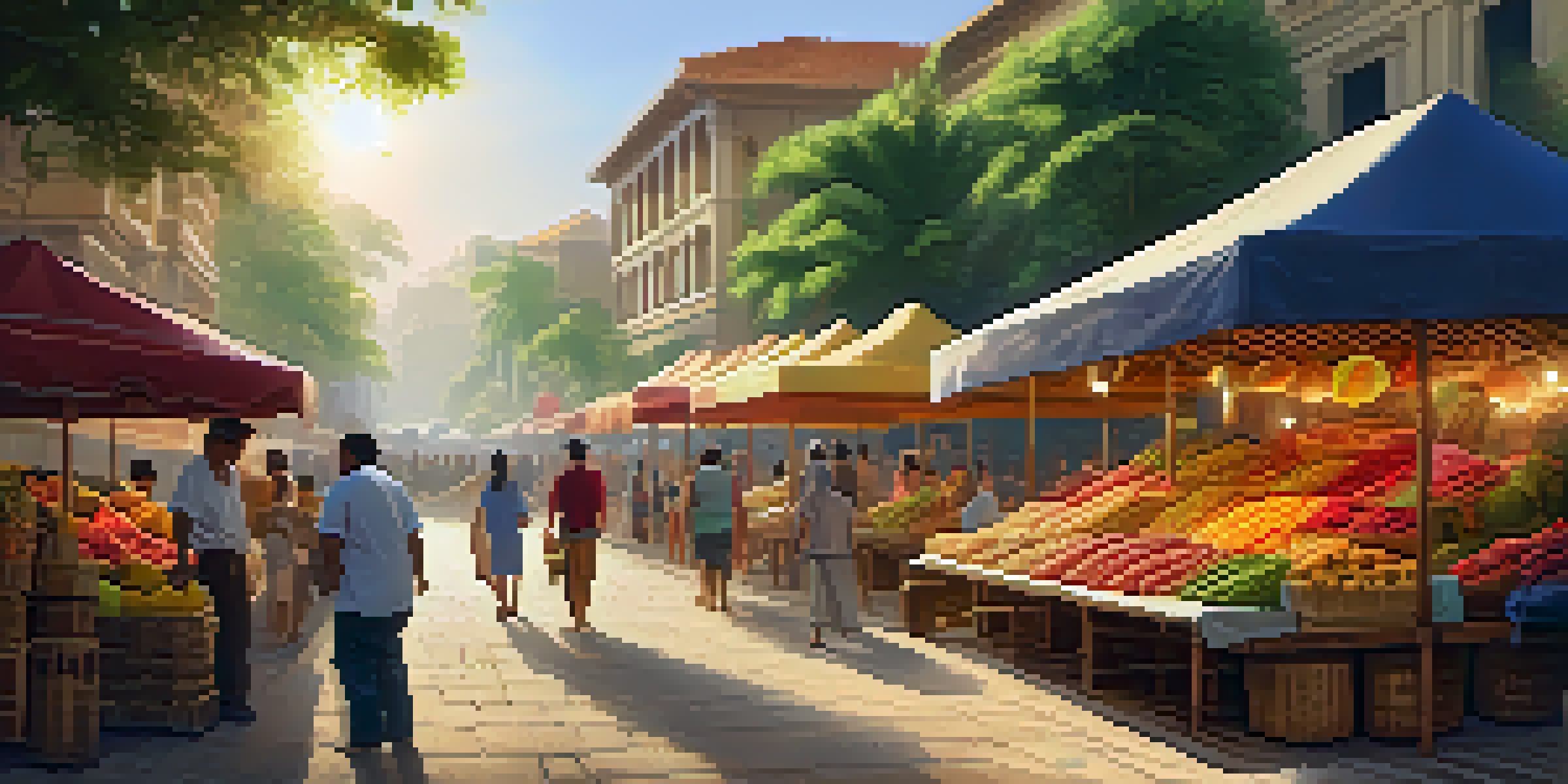 A bustling tropical street market with colorful stalls of fruits and crafts, under warm sunlight.