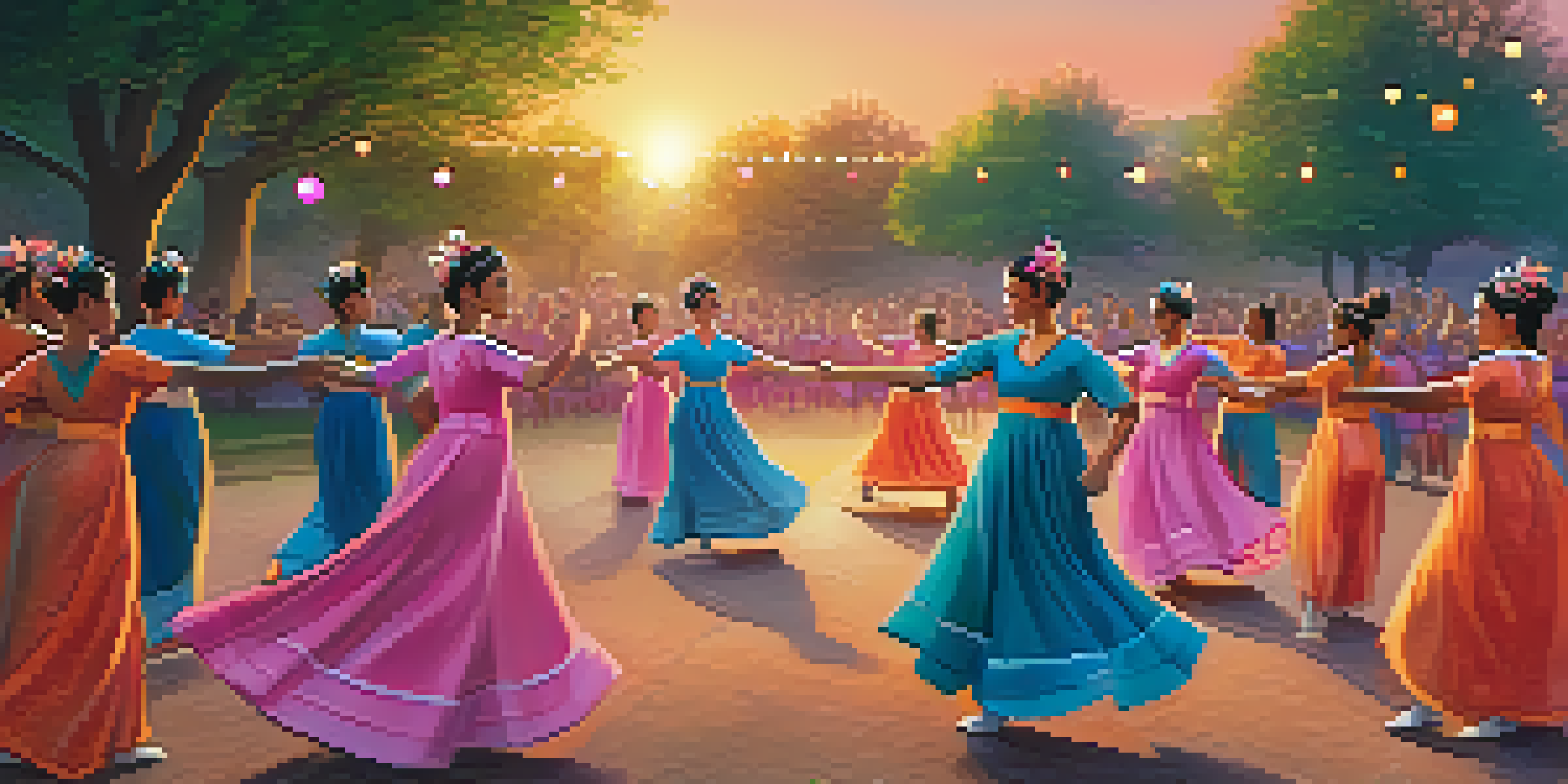 A lively folk dance performance with dancers in colorful costumes and an engaged audience in a sunset setting.