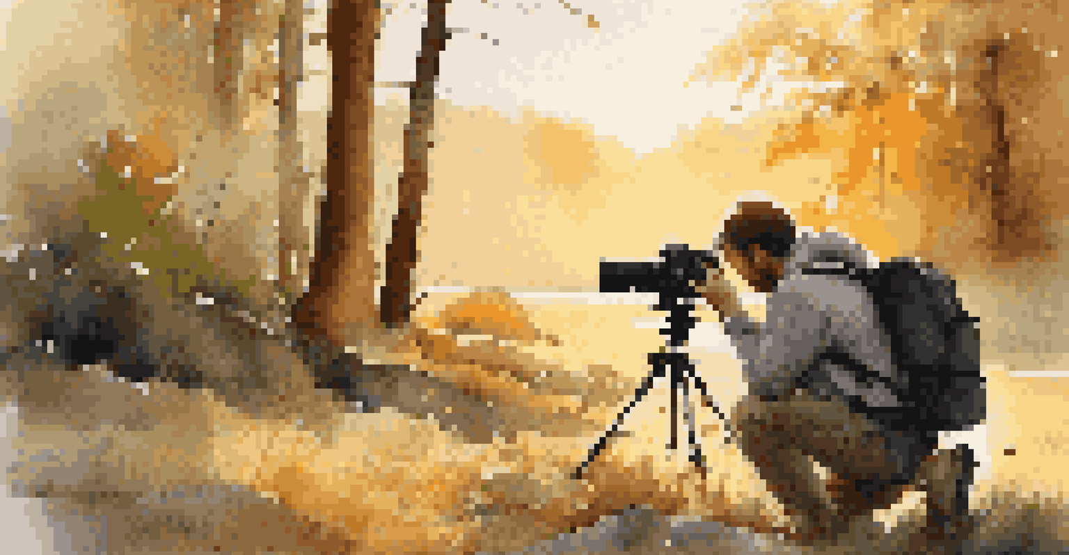 A photographer crouched down using their backpack for stability while capturing a photo in the golden light of sunset, surrounded by nature.