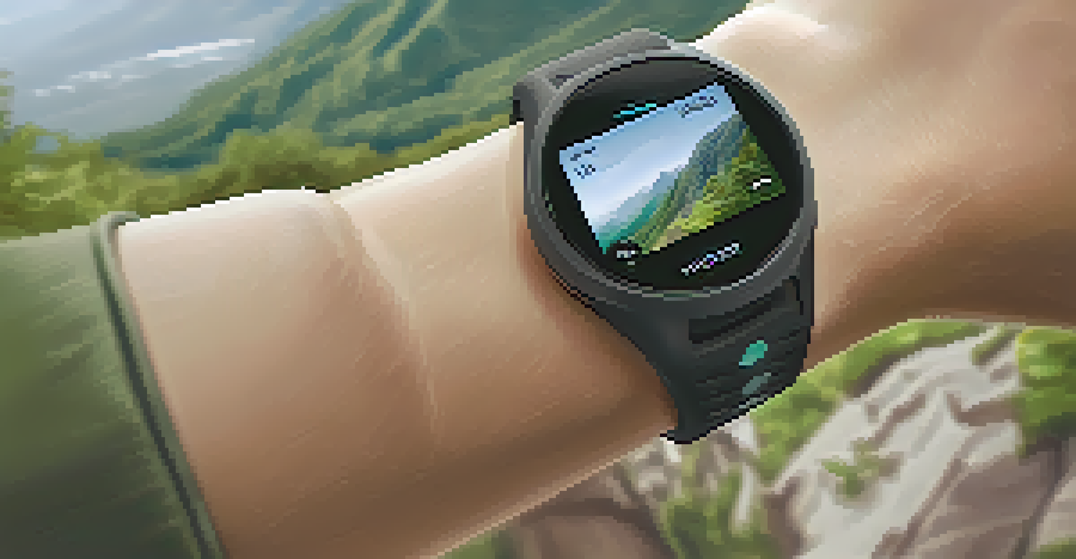 A fitness tracker on a wrist during a hike in a scenic mountain landscape.