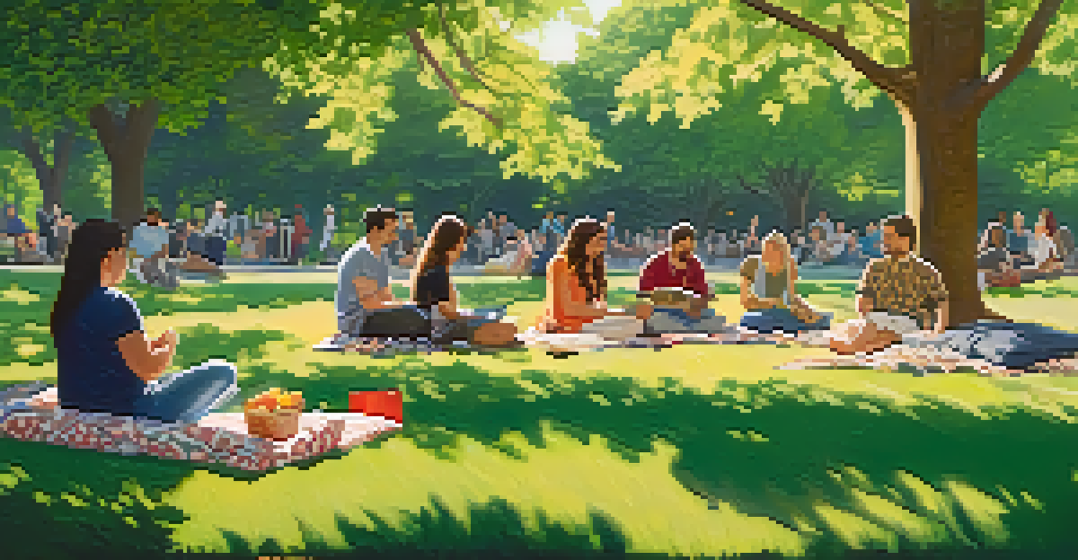 A peaceful park scene with people from different cultures sharing stories and enjoying a picnic together on a sunny day.