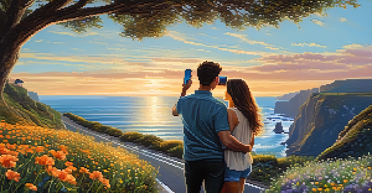 A couple taking a selfie on a coastal road with cliffs and ocean views.